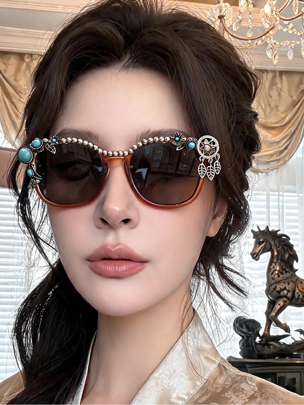 Embellished Turquoise Accent Oversized Sunglasses - Brown